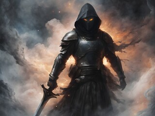 a warrior with a sword in his hand is standing in front of a dark background.