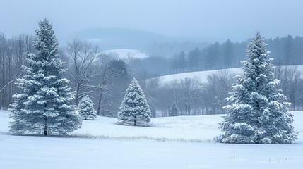 b'A winter scene of snow-covered pine trees and rolling hills' - obrazy, fototapety, plakaty