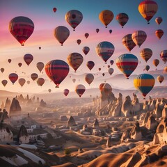 Naklejka premium a painting of a landscape with hot air balloons flying over mountains.