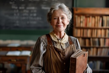 Senior woman with book in vintage clothes