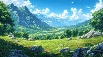 Anime style grassland scenery illustration