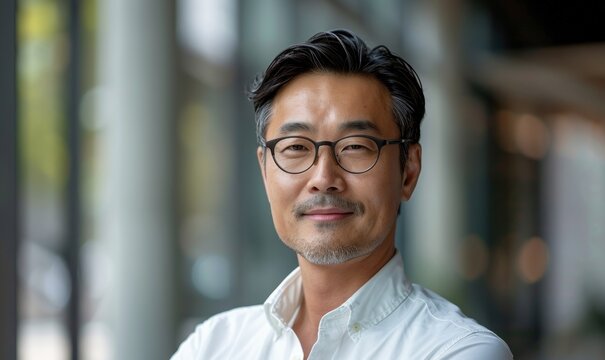 Handsome 45 Years Old Gentle Korean Man, Wearing Glasses, Formal Slick Hairstyle, Smooth Beardless Face In A Modern Office Building, Wearing White Shirt, Beside A Huge, Generative AI