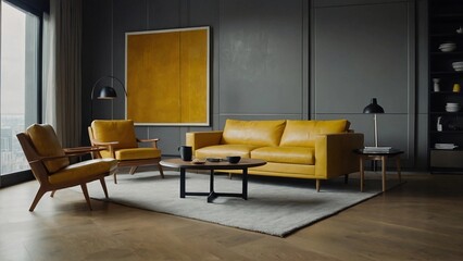 modern living room,Gold yellow leather sofa in luxury dark interior living room with modern minimalist Italian style open space kitchen
