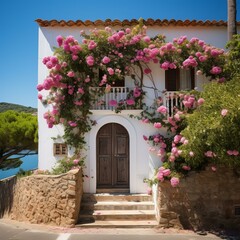 b'A beautiful house with pink flowers growing on it'