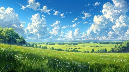 Anime style grassland scenery illustration