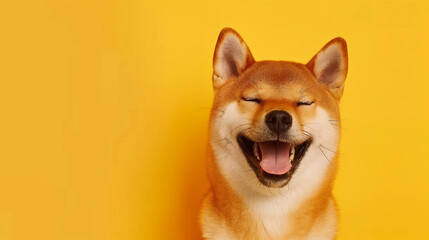 
Happy smiling shiba inu dog isolated on yellow orange background with copy space. Red-haired Japanese dog smile portrait ,Cheerful Shiba Inu dog smiling against orange background, Cute Shiba Inu pupp
