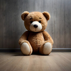 Teddy bear in an empty room, front view, copy space.