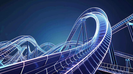 3D rendering of a roller coaster. The tracks are made of blue neon lights and the background is...