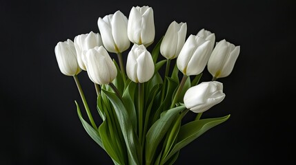 A striking contrast is created by a fresh bouquet of white tulips set against a black background offering a lovely display with ample space for copy
