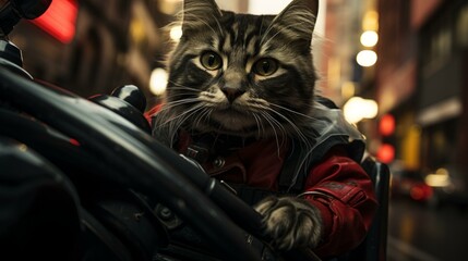 b'A cat wearing a red leather jacket is sitting on a motorcycle.'