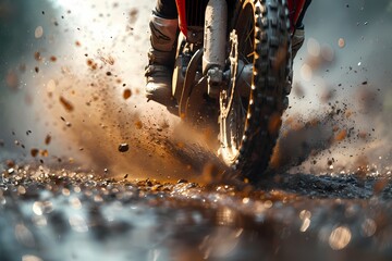 A close-up shot of a racing sports heavy bike's front wheel kicking up gravel as it accelerates out of a curve, the motion blur capturing the intensity of its speed