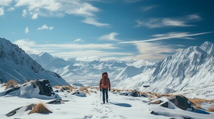 b'A lone hiker traverses a snowy mountain landscape' - obrazy, fototapety, plakaty