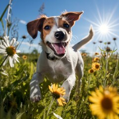 b'A happy brown and white Jack Russell Terrier dog running through a field of yellow and white flowers with a big smile on its face'