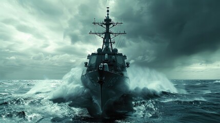 A navy ship sailing in the vast ocean. Suitable for maritime and military concepts
