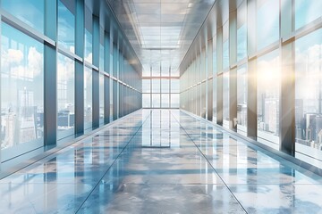 Bright glass office corridor interior with concrete flooring, window with city view and reflections. 3D Rendering