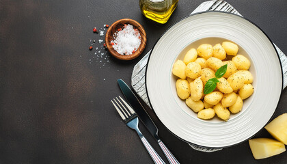 Close-up plate of tasty Gnocchi di Patate, Italian dish. Food for dinner. Delicious meal. Dark background. - obrazy, fototapety, plakaty