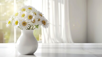 A bunch of cheerful daisies brightens up a sleek white vase resting on a pristine table waiting to surprise Grandma on her birthday and celebrate Women s Day in a beautifully decorated whit