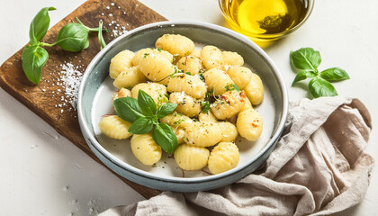 Close-up plate of tasty Gnocchi di Patate, Italian dish. Food for dinner. Delicious meal.