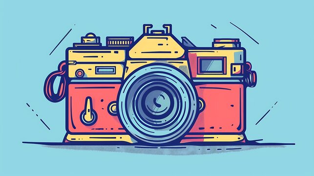 A simple and colorful illustration of a camera. The camera is red and yellow, with a blue lens. The background is a light blue color.