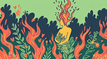 an abstract female figure made from burning flames, standing over greenery 
