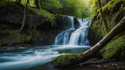 Naklejka premium Landscape with river and forest with green trees. Silky crystal water and long exposure. Ordesa Pyrenees. 