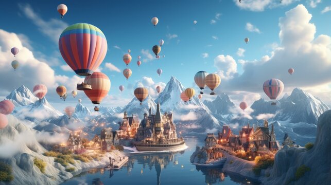 b'Fantasy world with airships and mountains'