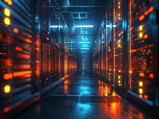 Modern Data Technology Center Server Racks in Dark Room with VFX Visualization Concept of Internet of Things, Data Flow, Digitalization of Internet Traffic Complex Electric Equipment Warehouse