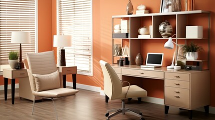 b'A stylish and modern home office with a large desk, comfortable chair, and plenty of storage space'