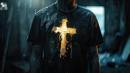 A man is wearing a black t-shirt with a glowing cross on it. The cross is made of yellow light and is in the center of the shirt. The man is standing in a dark room and the light from the cross is ill