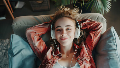 Young woman smiling while listening to music