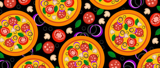 Pizza backdrop. Whole pizza pattern on black background. Fast food cover. Vector illustration EPS 10