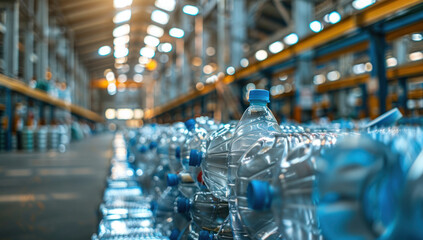 Rows plastic bottles with water in warehouse, industrial background. Huge multitude refreshing...