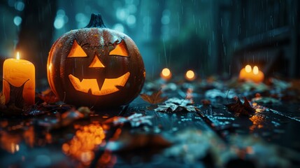 b'Halloween pumpkin in the rain'