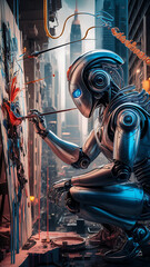 An illustration of a robot holding a paintbrush, creating an abstract art piece