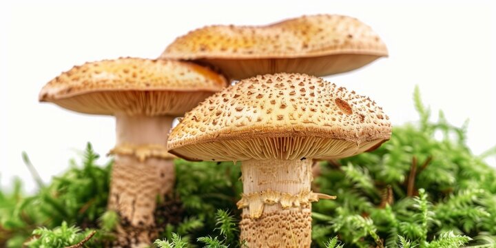 b'Three brown mushrooms with white background'