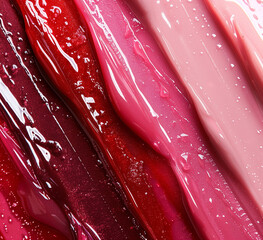 Close up of red and pink lipgloss swatches, beauty product, glossy texture