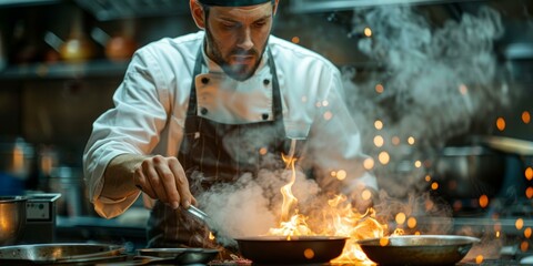 b'Focused male chef cooking with flames in kitchen'