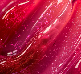 Close up of red and pink lipgloss swatches, beauty product, glossy texture