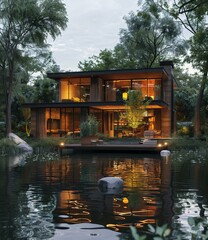 Modern lakeside house with natural surroundings - obrazy, fototapety, plakaty