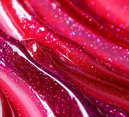 Close up of red and pink lipgloss swatches, beauty product, glossy texture