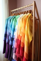 b'A wooden rack with rainbow clothes hangers on it'
