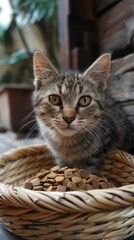 Fototapeta na wymiar b'A cute tabby cat sitting in a basket full of cat food'