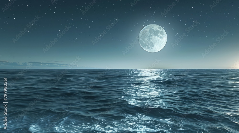 Poster A large moon is reflected in the calm ocean waters. The scene is serene and peaceful, with the moonlight casting a soft glow on the water