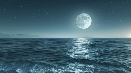A large moon is reflected in the calm ocean waters. The scene is serene and peaceful, with the moonlight casting a soft glow on the water
