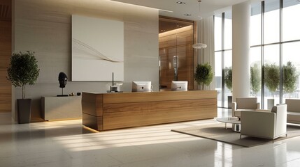b'Modern office lobby interior with wooden reception desk and stone floor'