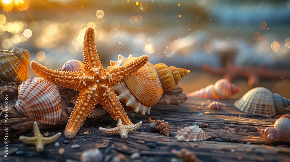 Poster a starfish and a bunch of shells are on a wooden surface. the starfish is orange and the shells are 