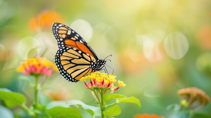 Fototapeta na wymiar A monarch butterfly is perched on a flower.