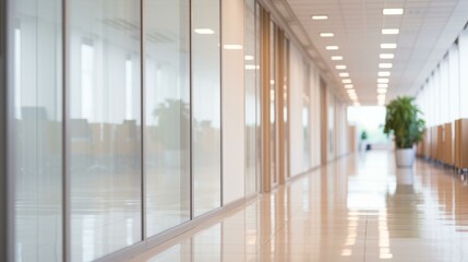 b'An empty brightly lit office hallway with glass walls and tiled floor'
