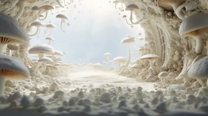 Ethereal cave with bioluminescent white mushrooms, bathed in an otherworldly glow.
