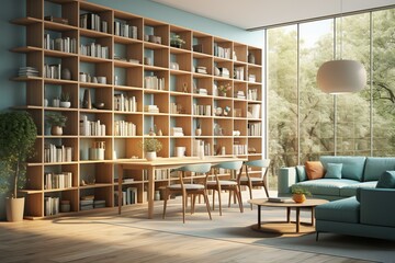 b'Blue and wood tone interior design living room with large bookshelf'